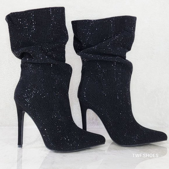 Resolve Sparkling Black Rhinestone High Heel Slouch Calf Boots New Years Bling - Picture 1 of 14